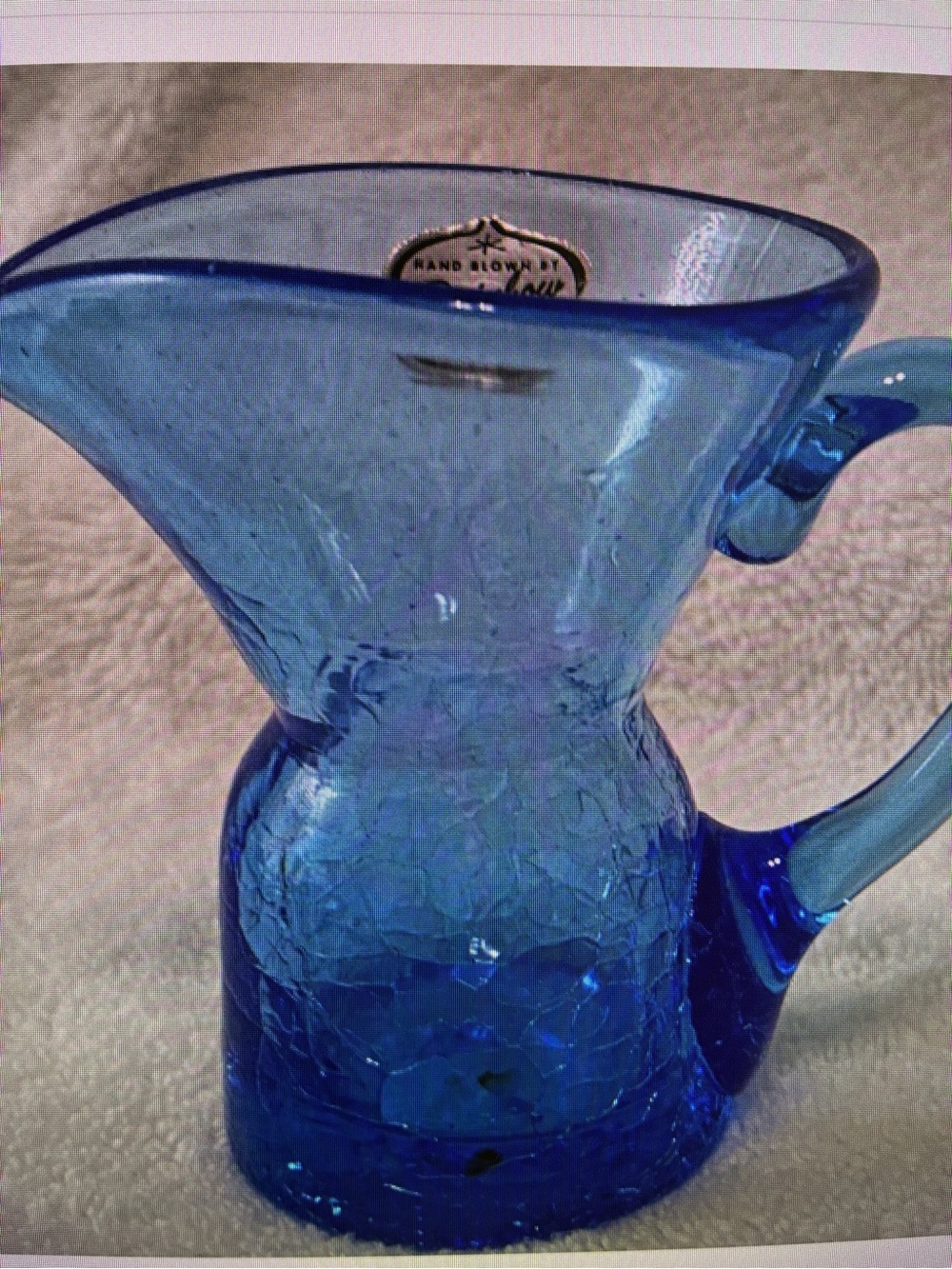 Rainbow Art Glass Hand Blown Blue Crackle Glass Pitcher - Decorative Home Art
